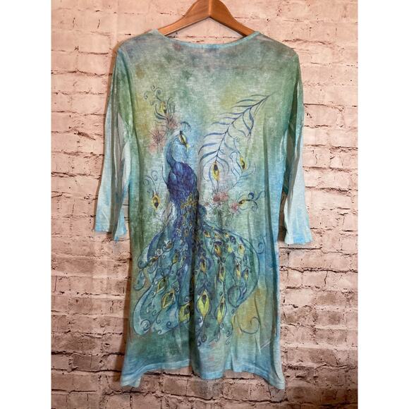 Studio Gem Q. Tunic Top Womens Large Turquoise Peacock Print Flowy Artsy Sequin - Picture 11 of 13
